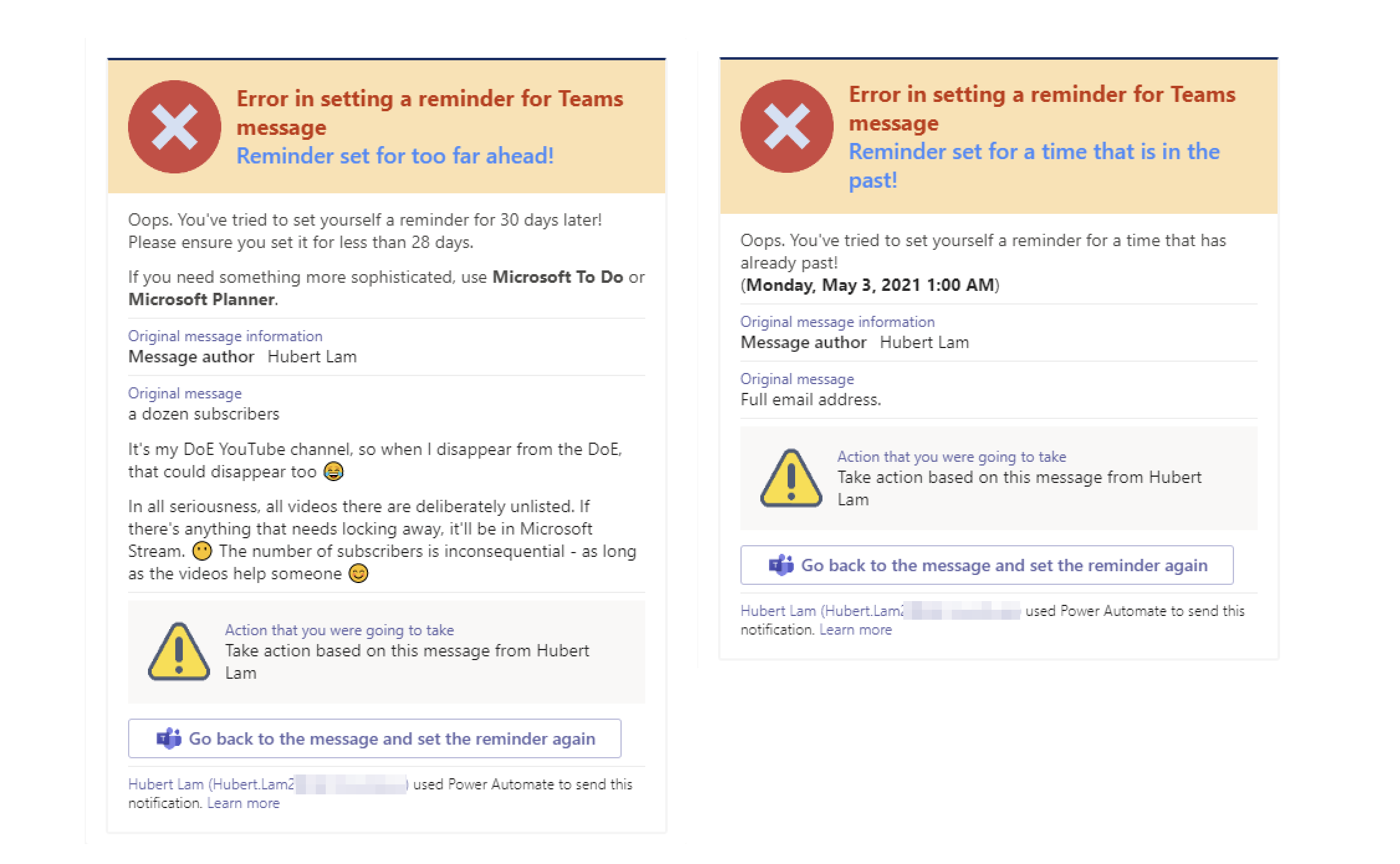 Cards reminding users of input error